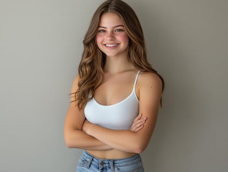 Young woman smiling confidently against a neutral background indoors photo