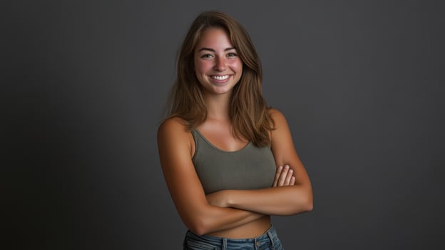 Young woman smiling confidently with arms crossed in a studio setting photo
