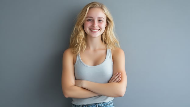 Young woman posing confidently with arms crossed against a gray wall photo