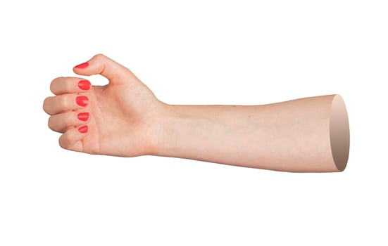 Woman s hand with red polished nails, elegantly holding a blank gift, isolated on white background. photo
