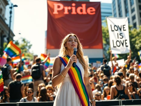 Young woman speaking at LGBTQ pride rally with rainbow sash, surrounded by crowd and pride flags photo