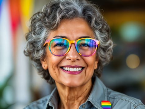 Smiling elderly woman with rainbow glasses and pride pin celebrating LGBTQ pride photo