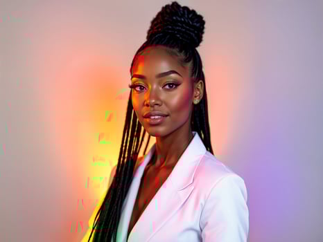 Elegant woman with colorful makeup and braided hair in stylish white blazer, under rainbow lighting photo
