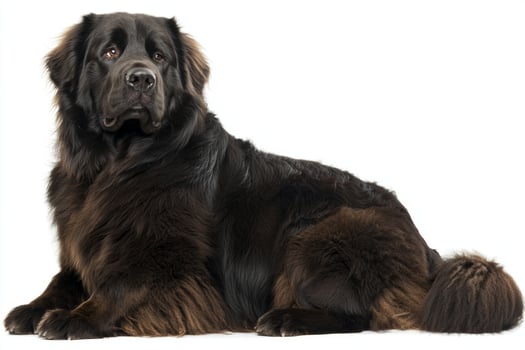 gentle giant of a Newfoundland relaxes with a serene expression, its thick, fluffy coat radiating warmth. The dog's large frame is perfectly complemented by its kind eyes and tranquil presence. photo