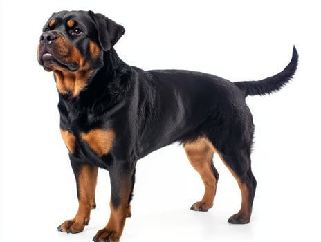 powerful Rottweiler exudes confidence with its strong frame and keen gaze, embodying the loyal and protective spirit of the breed in a striking presentation. photo