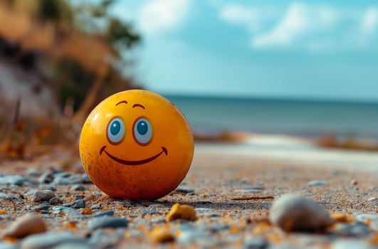 Yellow smiley face ball resting on a rocky beach photo