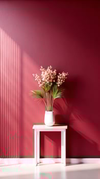 Red wall with a white table and a vase of flowers photo