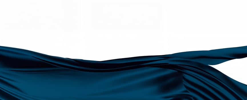 A flowing dark blue fabric elegantly draped on a white background, creating a smooth and abstract visual effect photo