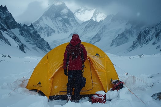A Solo Climber Standing by Their Tent in a Snowy Mountain Range photo