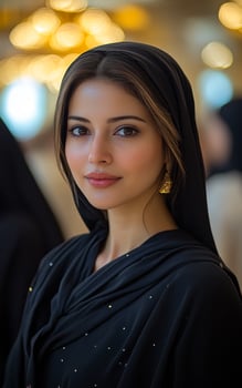 Woman in traditional dress at gathering. A young woman wearing a black headscarf and traditional attire engages with others at a lively social gathering indoors. photo