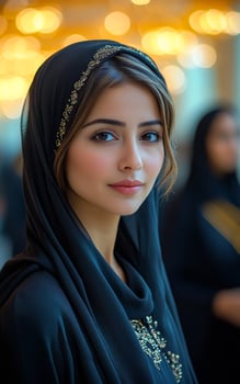 Young woman in traditional dress at event. A young woman wearing a black hijab and elegant attire smiles softly while attending a social event with warm lighting. photo