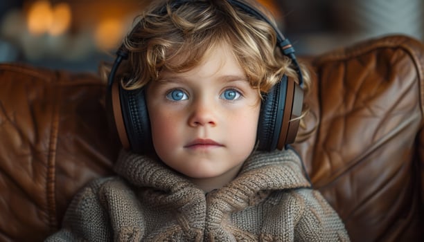 Child enjoys music while relaxing indoors. A child with curly hair and headphones sits comfortably in a cozy chair, enjoying music in a warm indoor setting. photo