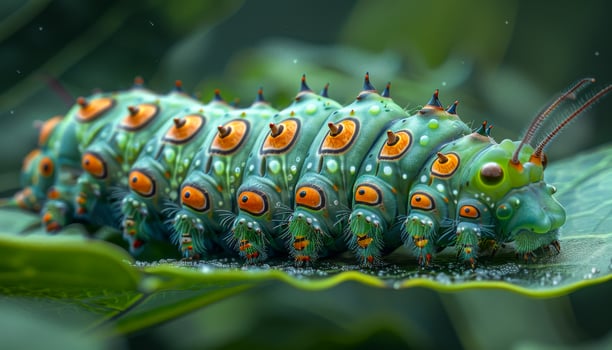 Green caterpillar on a leaf. A vibrant green caterpillar with striking orange spots rests on a green leaf, showcasing its unique features in the wild. photo