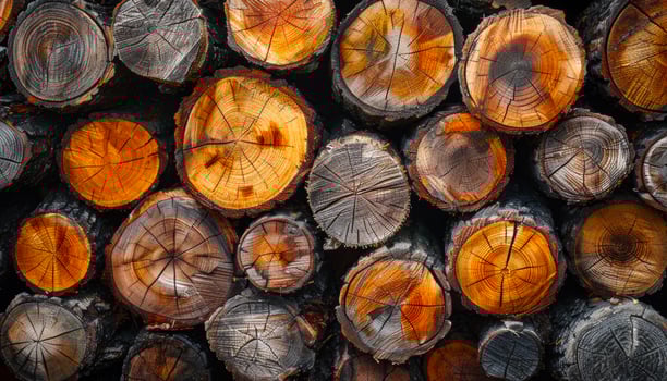 Close-up view of stacked logs in warm sunlight. Freshly cut logs are stacked neatly, showcasing their rich textures and colors illuminated by warm sunlight. photo
