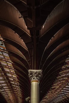 Columns in York train station with symmetrical patterns, York, Yorkshire, UK photo