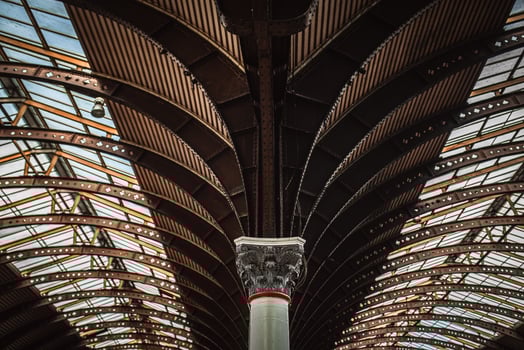 Columns in York train station with symmetrical patterns, York, Yorkshire, UK photo