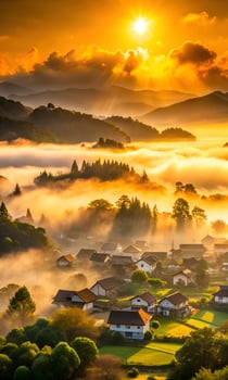Beautiful illustration of a sunset fog in a peaceful rural village photo