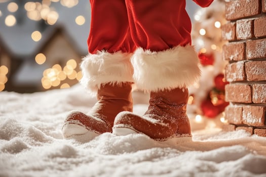 Santa Claus in boots standing on a rooftop beside a chimney photo
