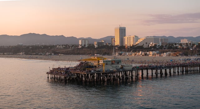 Aerial View of Santa Monica Pier and Cityscape at Sunset photo