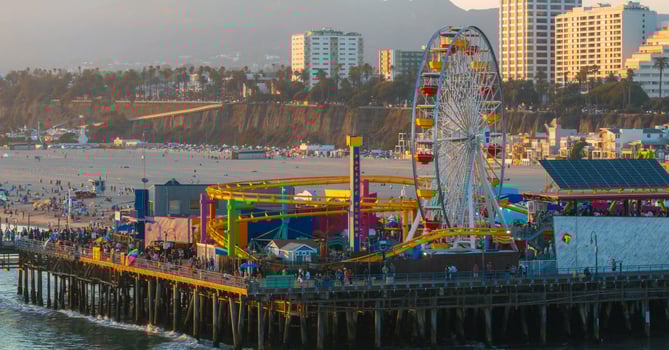 Santa Monica Pier with Ferris Wheel and Cityscape in California photo