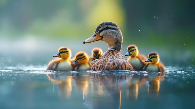 Mother duck swimming with ducklings on her back at golden hour photo