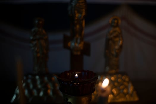 Candles in the temple. Wax candles. Religious rite. photo