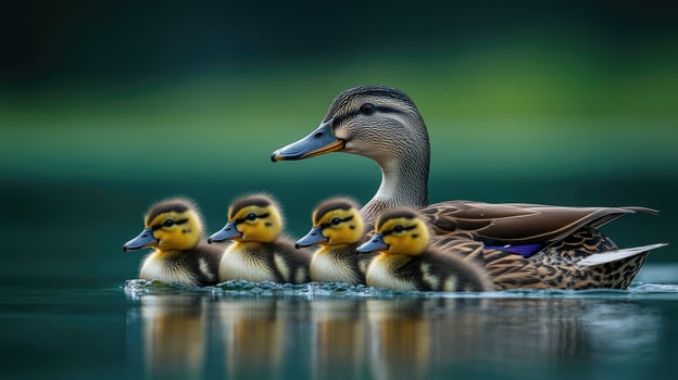 Mother duck swimming with ducklings on her back at golden hour photo