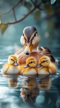 Mother duck swimming with ducklings on lake photo