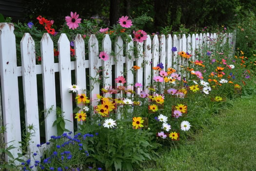 White picket fence running along a garden full of flowers photo