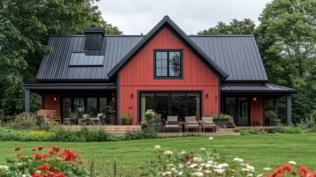 Modern red barn style home with black metal roof and lush landscaping photo
