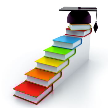 graduation cap on top of books and stairs photo