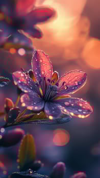 Dew Drops on Purple Flower at Sunrise Macro Photography photo