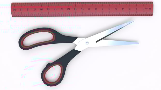 Scissors and red scale with white background photo