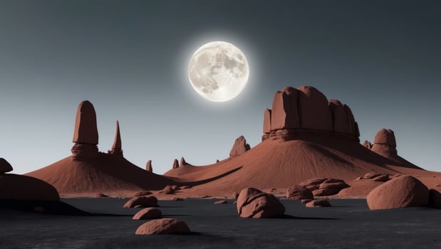 A desolate alien landscape with tall rock formations under a full moon. photo