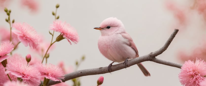 A pink bird perches on a tree branch amidst pink flowers Background softly blurred. photo