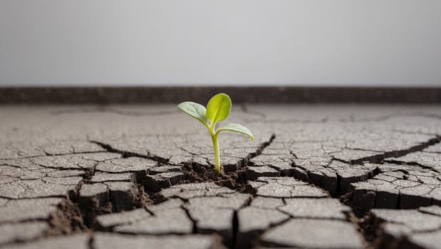 A Single Green Sprout Pushing Through Dark Soil. photo