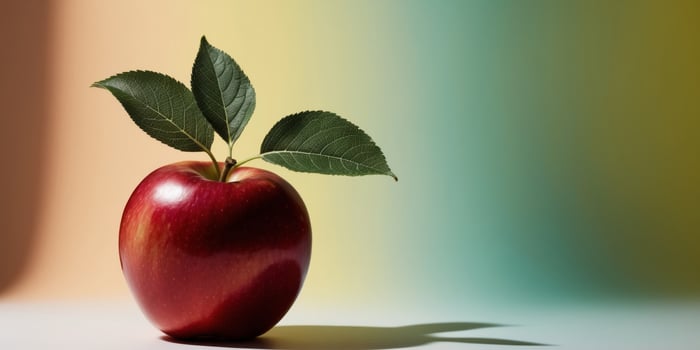Red Apple with Green Leaves on Yellow and Teal Background. photo