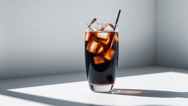 Refreshing glass of iced cola drink with ice cubes. photo