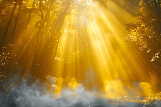 Enchanting Sunlight Filtering Through Forest Mist - Nature Photography for Posters and Decor photo