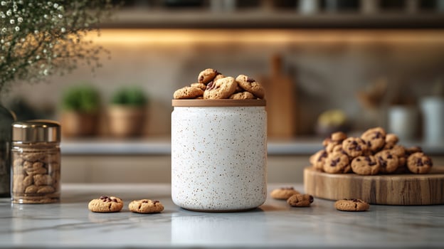 Cookie jar mockup standing kitchen counter with soft lighting perfect for showcasing food packaging photo