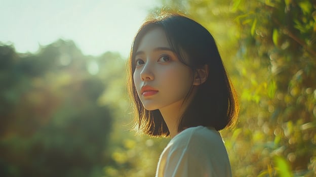 Thoughtful Asian Girl Standing Outdoors in Natural Setting for Lifestyle and Portrait Photography photo