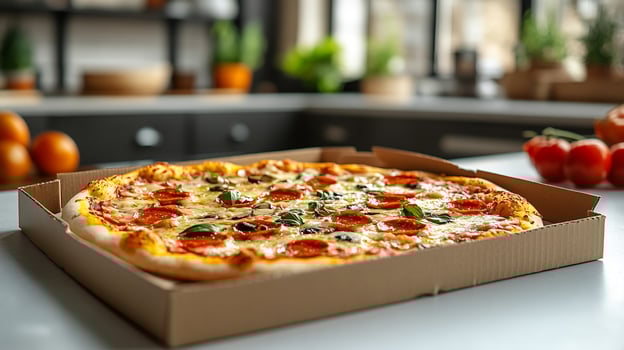 Pizza box mockup displayed open white kitchen counter with vibrant lighting ideal for fast food branding photo