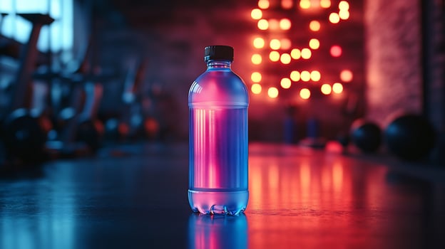 Sports bottle mockup standing gym bench with vibrant lighting ideal for fitness product showcases photo