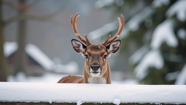 A funny reindeer pokes its head from a snowy wall photo