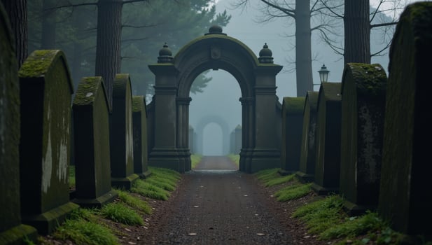 Misty forest path amidst weathered tombstones shrouded in fogs embrace photo