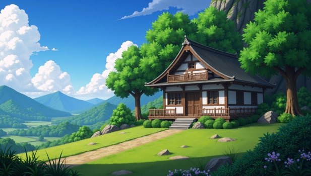 Wooden abode set amidst tranquil Japanese anime landscape with lush greenery and clear blue skies photo