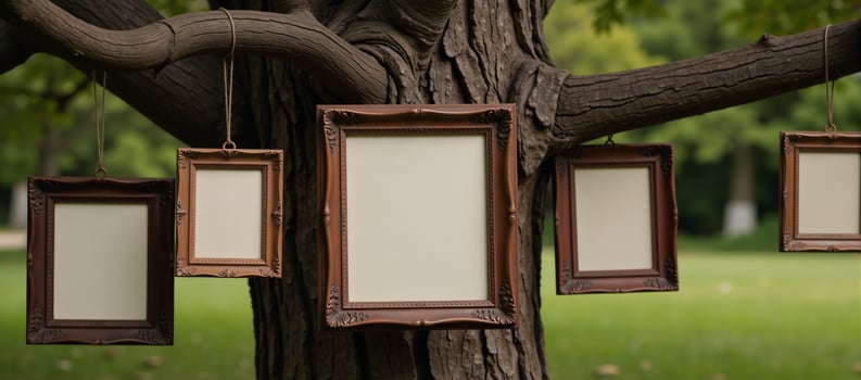 Picture frames hanging from a tree limb symbolize family history or genealogical research photo