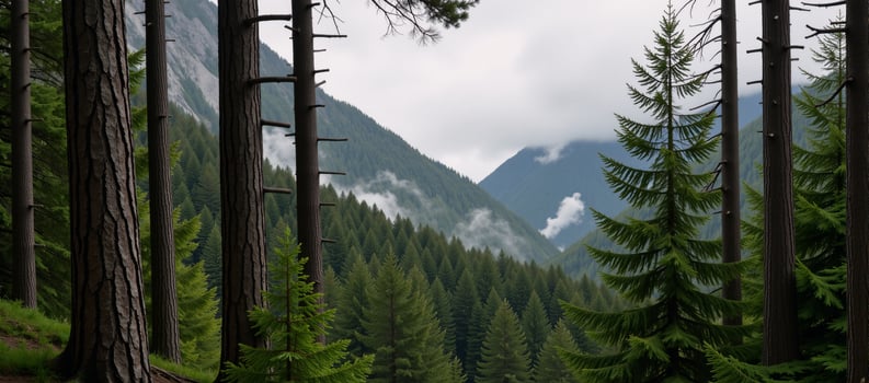 A mistshrouded forest filled with towering evergrees photo