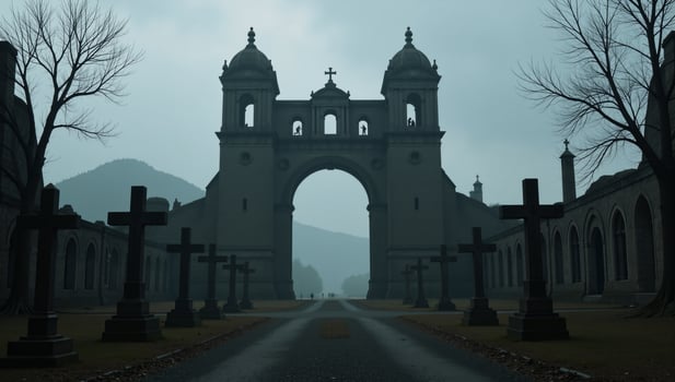 A postapocalyptic scene featuring a frightening courtyard surrounded by an ancient ruin cemetery with lot trees and a looming helllike landscape photo