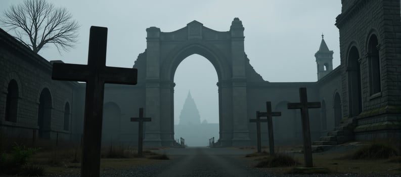 A postapocalyptic scene featuring a frightening courtyard surrounded by an ancient ruin cemetery with lot trees and a looming helllike landscape photo